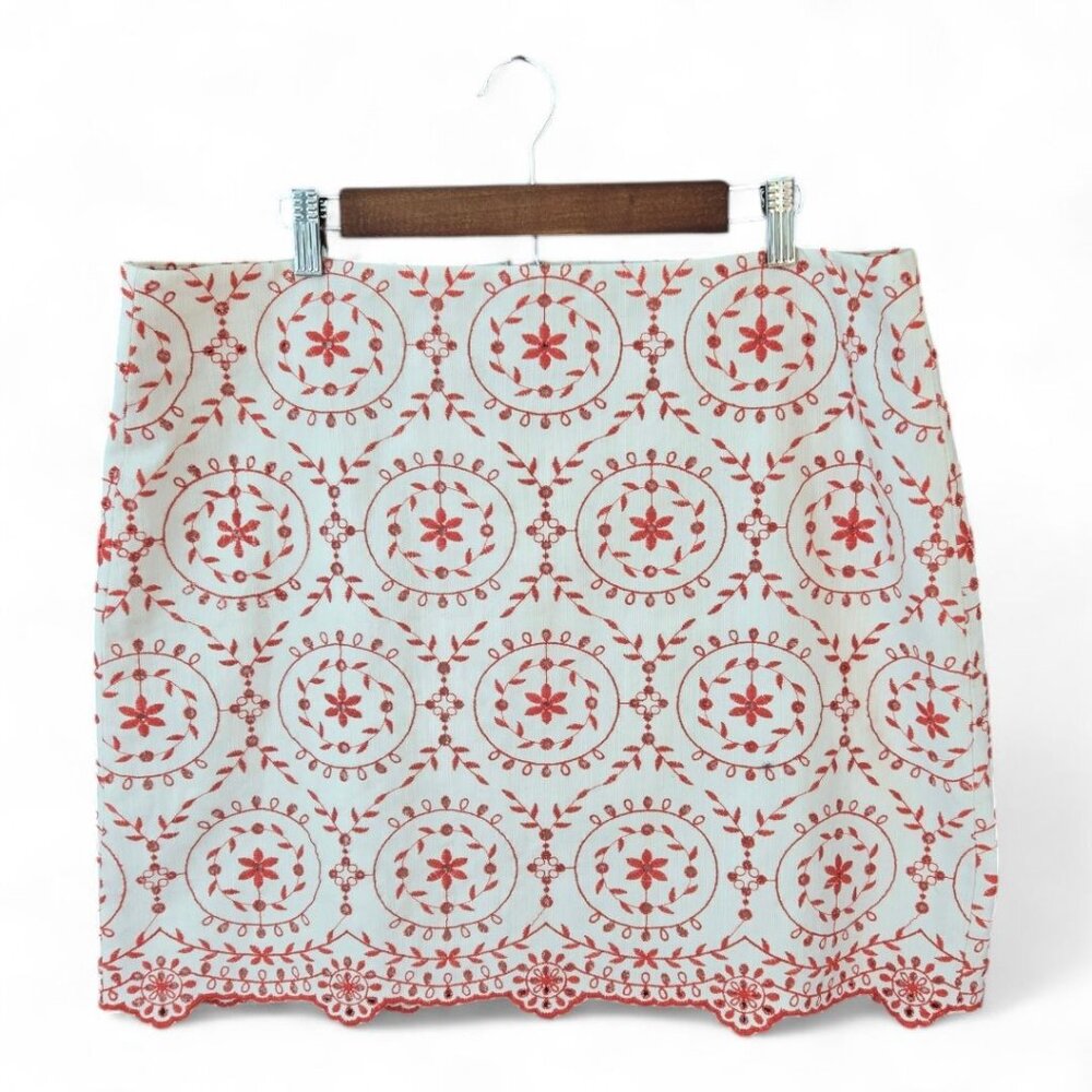 LOFT Outlet Womens Eyelet Embroidered Skirt Size 16 Orange & Cream Scallop Hem